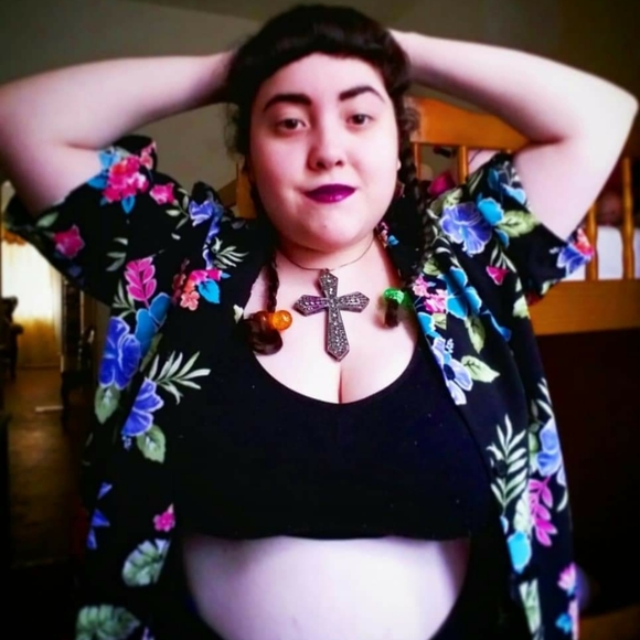 Black button down shirt (L) blue and pink flowers - Picture 5 of 5